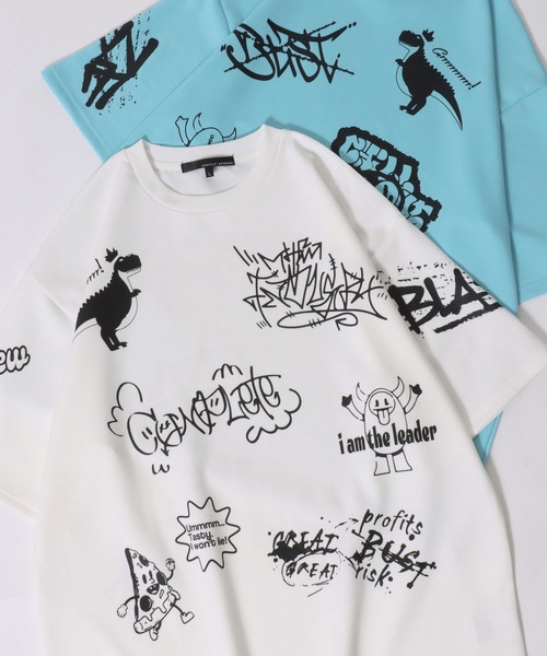 SITRY(シトリー)の「Punch the dough Graffiti Print T-shirt/ポンチ オーバーサイズ 落書き イラスト 総柄 半袖Tシャツ レディース メンズ(Tシャツ/カットソー・メンズ・ブラック/ホワイト・L/M)」の1枚目の写真