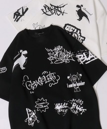 Punch the dough Graffiti Print T-shirt/ポンチ オーバーサイズ 落書き イラスト 総柄 半袖Tシャツ レディース メンズ