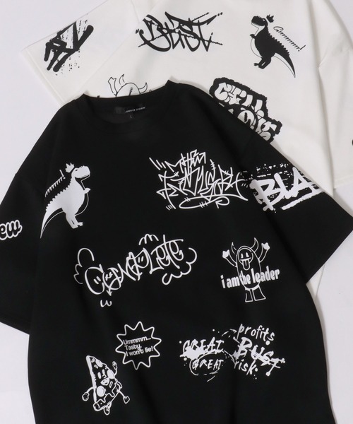 SITRY(シトリー)の「Punch the dough Graffiti Print T-shirt/ポンチ オーバーサイズ 落書き イラスト 総柄 半袖Tシャツ レディース メンズ(Tシャツ/カットソー・メンズ・ブラック/ホワイト・L/M)」の2枚目の写真