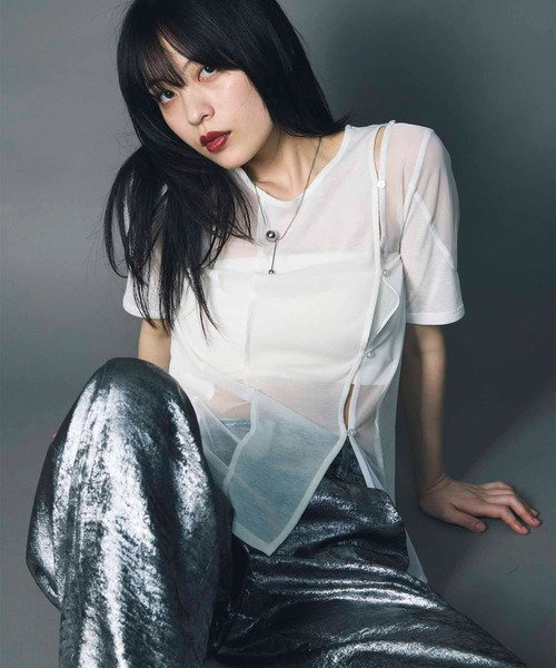 led.tokyo（レッドトウキョウ）の「【led.tokyo】SHEER DOCKING TEE/シアードッキングTシャツ（Tシャツ/カットソー・レディース・ブラック/ネイビー/ホワイト・FREE）」の10枚目の写真