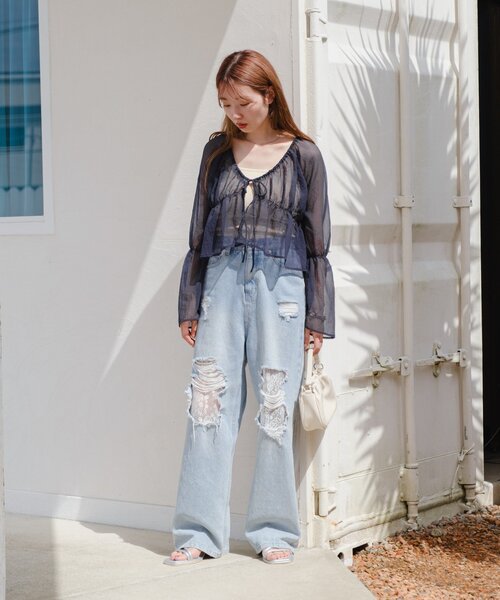 シャーリングシアーブラウス　ブラック 新色追加/5色展開/S.Lサイズ展開/無地&チェック】シャーリング