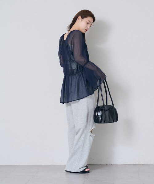 シャーリングシアーブラウス　ブラック 新色追加/5色展開/S.Lサイズ展開/無地&チェック】シャーリング