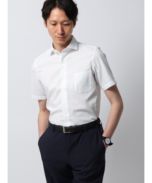 SUIT SQUARE(スーツスクエア)の「半袖ワイシャツ ノンアイロンストレッチ 3BLOCK ホリゾンタルカラー ドレスシャツ(ビジネスシャツ・メンズ・グレー系/ホワイト系/パープル系・M/L/LL/3L/S)」の2枚目の写真