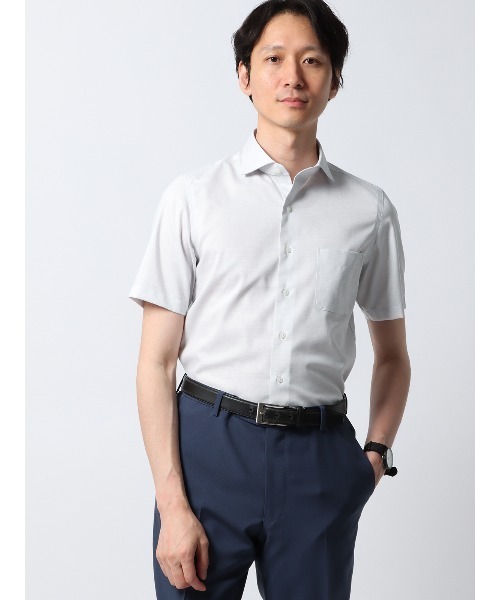 SUIT SQUARE(スーツスクエア)の「半袖ワイシャツ ノンアイロンストレッチ 3BLOCK ホリゾンタルカラー ドレスシャツ(ビジネスシャツ・メンズ・グレー系/ホワイト系/パープル系・M/L/LL/3L/S)」の1枚目の写真