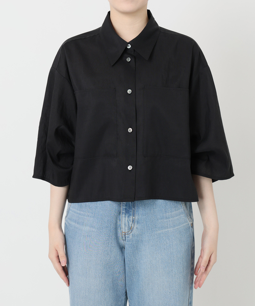 IENA リネンミックスクロップドシャツ ブラック リネンミックスクロップドシャツ（シャツ/ブラウス）｜IENA