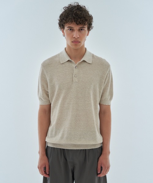 ESTNATION（エストネーション）の「ESTNATION / リネンコットン ニットポロシャツ（ポロシャツ・メンズ・ベージュ/チャコールグレー/グリーン・MEDIUM/LARGE）」の2枚目の写真
