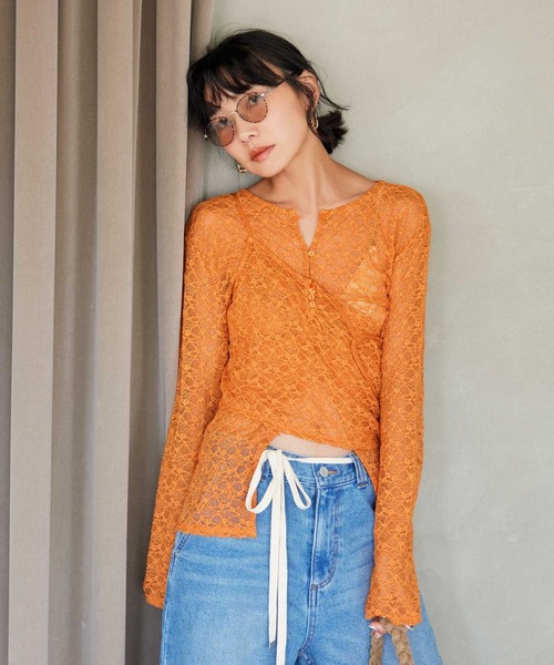 BAYFLOW（ベイフロー）の「[単品使い可]2Pカットレースカーディガン（Tシャツ/カットソー・レディース・オフホワイト/ブラック/オレンジ・FREE）」の3枚目の写真