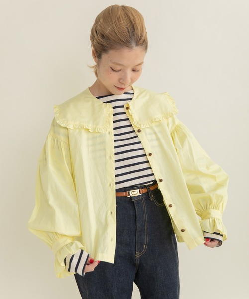 Dot＆Stripes CHILD WOMAN（ドットアンドストライプス　チャイルドウーマン）の「50コーマブロード スクエア襟ギャザーブラウス（シャツ/ブラウス・レディース・ホワイト/イエロー/ネイビー・FREE）」の14枚目の写真