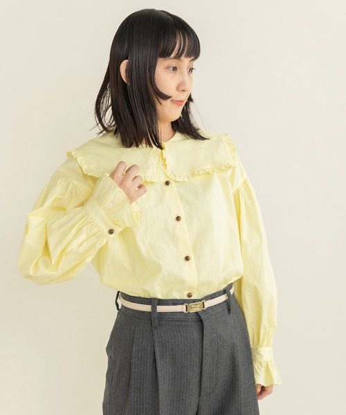 Dot＆Stripes CHILD WOMAN（ドットアンドストライプス　チャイルドウーマン）の「50コーマブロード スクエア襟ギャザーブラウス（シャツ/ブラウス・レディース・ホワイト/イエロー/ネイビー・FREE）」の4枚目の写真