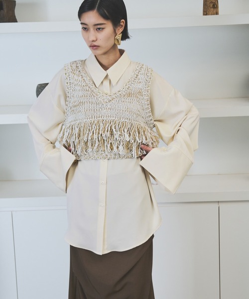 ★新品・紙タグ付き★ ENFOLD レイヤードカフスシャツ アイボリー エクリュ セール】ビッグカフスサテンオーバーシャツ（シャツ/ブラウス）｜AIC