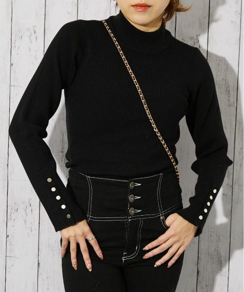 セール】《袖ボタン×リブ》レディース ハイネックニット 美シルエット