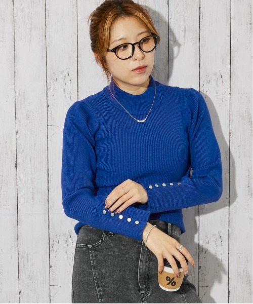 セール】《袖ボタン×リブ》レディース ハイネックニット 美シルエット