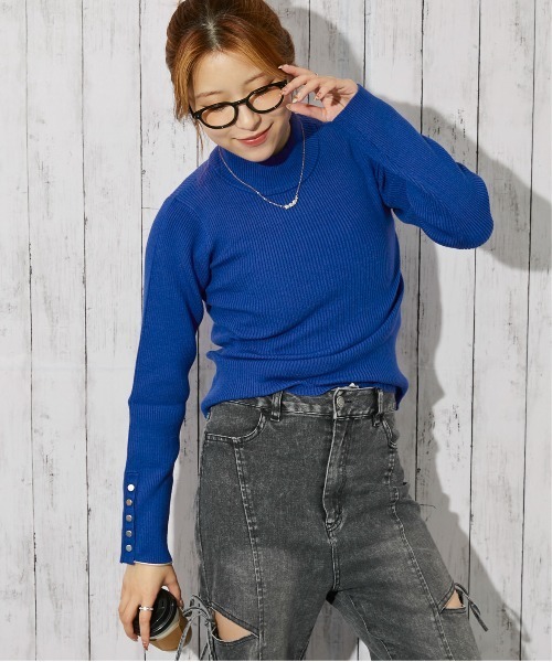 セール】《袖ボタン×リブ》レディース ハイネックニット 美シルエット
