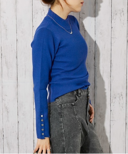 セール】《袖ボタン×リブ》レディース ハイネックニット 美シルエット
