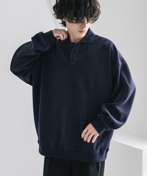 Rocky Monroe(ロッキーモンロー)の「新色追加 オーバーサイズカットコーデュロイ・スエード長袖ポロシャツ(ポロシャツ・メンズ・チャコール/ネイビー/ブラウン/ブラック/アイボリー/ブラック系・M/L/XL)」の6枚目の写真
