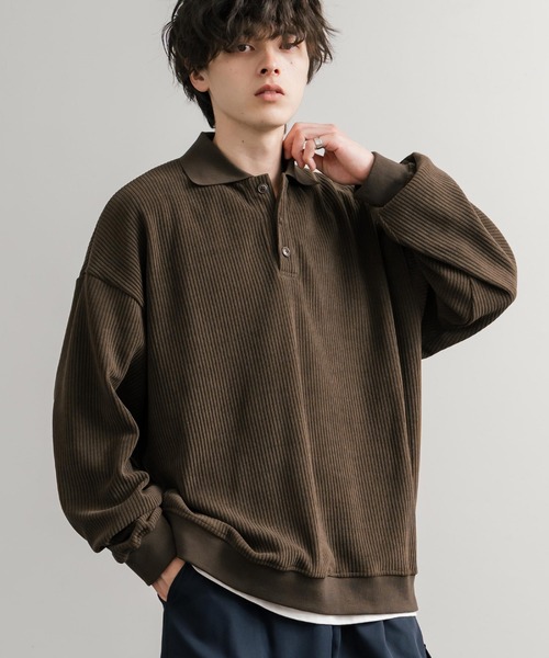 セール】オーバーサイズカットコーデュロイ長袖ポロシャツ（ポロシャツ