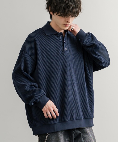 オーバーサイズカットコーデュロイ長袖ポロシャツ（ポロシャツ