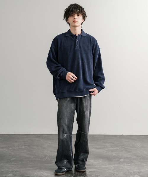 オーバーサイズカットコーデュロイ長袖ポロシャツ（ポロシャツ