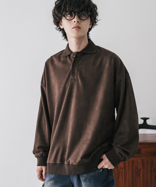 Rocky Monroe(ロッキーモンロー)の「新色追加 オーバーサイズカットコーデュロイ・スエード長袖ポロシャツ(ポロシャツ・メンズ・チャコール/ネイビー/ブラウン/ブラック/アイボリー/ブラック系・M/L/XL)」の7枚目の写真