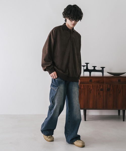 Rocky Monroe(ロッキーモンロー)の「新色追加 オーバーサイズカットコーデュロイ・スエード長袖ポロシャツ(ポロシャツ・メンズ・チャコール/ネイビー/ブラウン/ブラック/アイボリー/ブラック系・M/L/XL)」の11枚目の写真