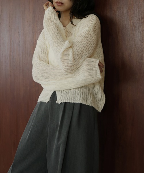 透かし編みポロニットプルオーバー（ニット/セーター）｜hellam（へ