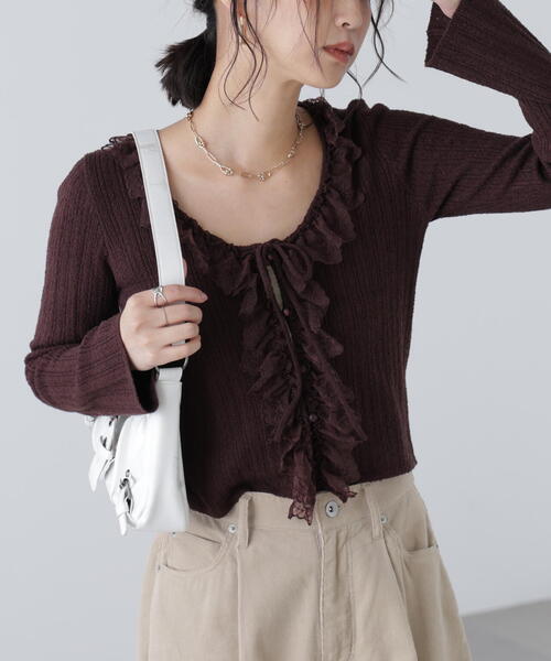 FREE'S MART（フリーズマート）の「◆ミニブークレーフリルレースカーディガン（ニット/セーター・レディース・ホワイト/ブラウン/ピンク・FREE）」の11枚目の写真