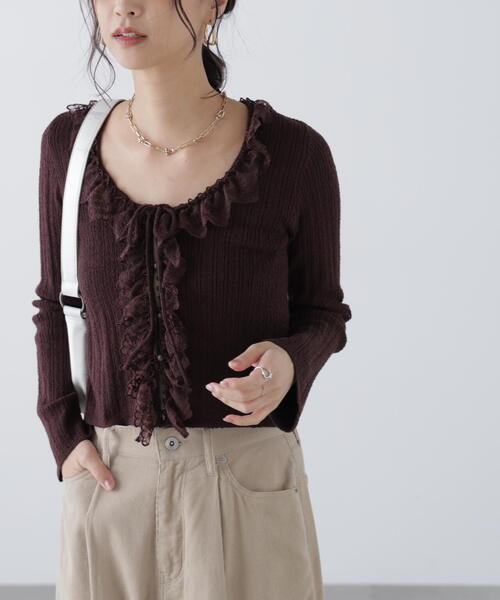 FREE'S MART（フリーズマート）の「◆ミニブークレーフリルレースカーディガン（ニット/セーター・レディース・ホワイト/ブラウン/ピンク・FREE）」の10枚目の写真