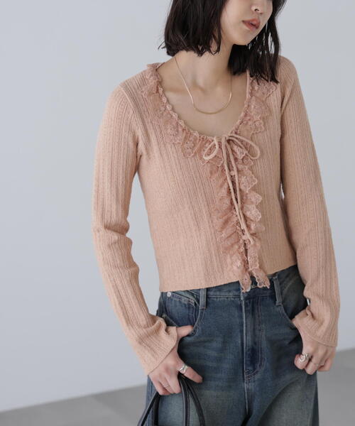 FREE'S MART（フリーズマート）の「◆ミニブークレーフリルレースカーディガン（ニット/セーター・レディース・ホワイト/ブラウン/ピンク・FREE）」の5枚目の写真