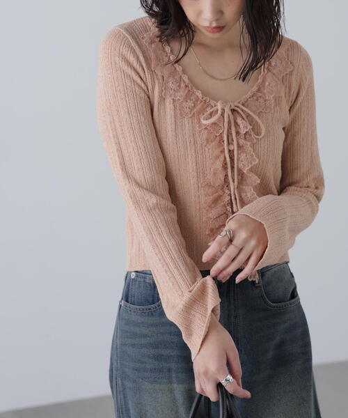 FREE'S MART（フリーズマート）の「◆ミニブークレーフリルレースカーディガン（ニット/セーター・レディース・ホワイト/ブラウン/ピンク・FREE）」の4枚目の写真