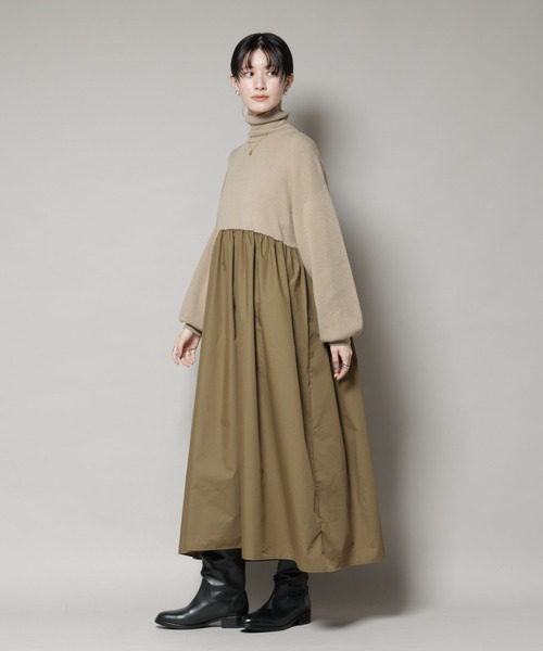 セール】異素材コンビドッキングタートルワンピース（ワンピース