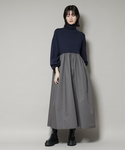 NANO universe（ナノユニバース）の「異素材コンビドッキングタートルワンピース（ワンピース・レディース・ブラック/ベージュ/ネイビー・FREE）」の3枚目の写真