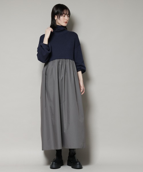 NANO universe（ナノユニバース）の「異素材コンビドッキングタートルワンピース（ワンピース・レディース・ブラック/ベージュ/ネイビー・FREE）」の5枚目の写真