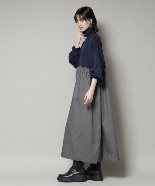 NANO universe（ナノユニバース）の「異素材コンビドッキングタートルワンピース（ワンピース・レディース・ブラック/ベージュ/ネイビー・FREE）」の6枚目の写真