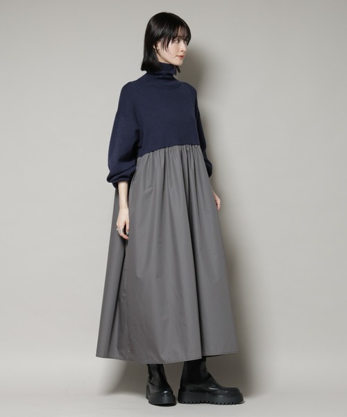 NANO universe（ナノユニバース）の「異素材コンビドッキングタートルワンピース（ワンピース・レディース・ブラック/ベージュ/ネイビー・FREE）」の8枚目の写真