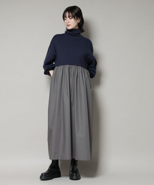 NANO universe（ナノユニバース）の「異素材コンビドッキングタートルワンピース（ワンピース・レディース・ブラック/ベージュ/ネイビー・FREE）」の9枚目の写真