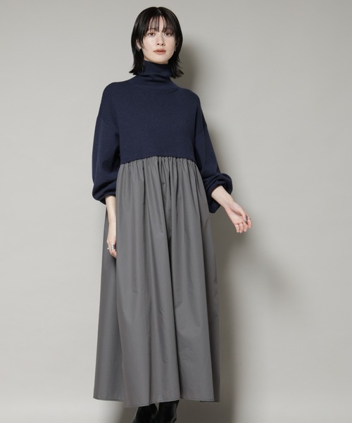 NANO universe（ナノユニバース）の「異素材コンビドッキングタートルワンピース（ワンピース・レディース・ブラック/ベージュ/ネイビー・FREE）」の10枚目の写真