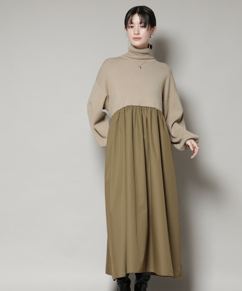 NANO universe（ナノユニバース）の「異素材コンビドッキングタートルワンピース（ワンピース・レディース・ブラック/ベージュ/ネイビー・FREE）」の12枚目の写真