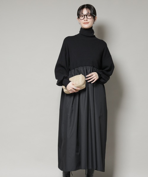 NANO universe（ナノユニバース）の「異素材コンビドッキングタートルワンピース（ワンピース・レディース・ブラック/ベージュ/ネイビー・FREE）」の18枚目の写真