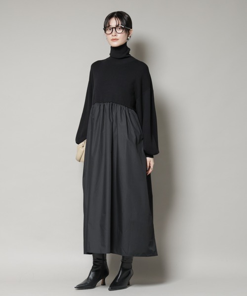 NANO universe（ナノユニバース）の「異素材コンビドッキングタートルワンピース（ワンピース・レディース・ブラック/ベージュ/ネイビー・FREE）」の19枚目の写真