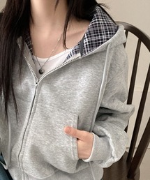 emi+ | チェックドッキングショート丈スウェットパーカー(パーカー)