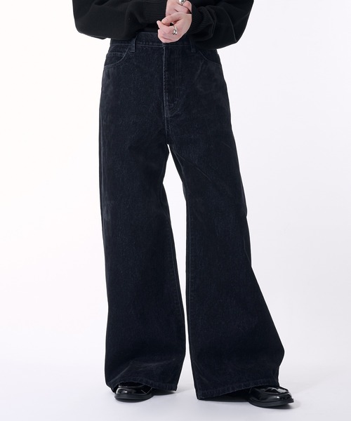 selle glant(セレグランテ)の「FLOCKING DENIM WIDE PANTS/フロッキーデニムワイドパンツ(デニムパンツ・メンズ・ブラック・SMALL/MEDIUM/LARGE)」の2枚目の写真