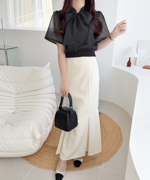 mily bilet(ミウィビレット)の「【mily bilet】着るだけで華やぐ♪大人ガーリーボウタイシアーチェックフレア袖ブラウス(半袖)(シャツ/ブラウス・レディース・アイボリー/ブラック/ブルー・X-LARGE/SMALL/MEDIUM/LARGE)」の20枚目の写真