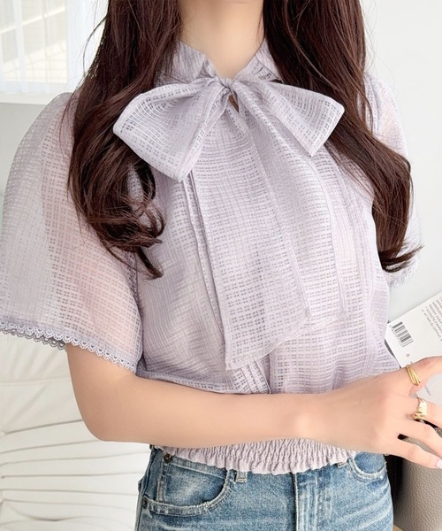 mily bilet(ミウィビレット)の「【mily bilet】着るだけで華やぐ♪大人ガーリーボウタイシアーチェックフレア袖ブラウス(半袖)(シャツ/ブラウス・レディース・アイボリー/ブラック/ブルー・X-LARGE/SMALL/MEDIUM/LARGE)」の8枚目の写真
