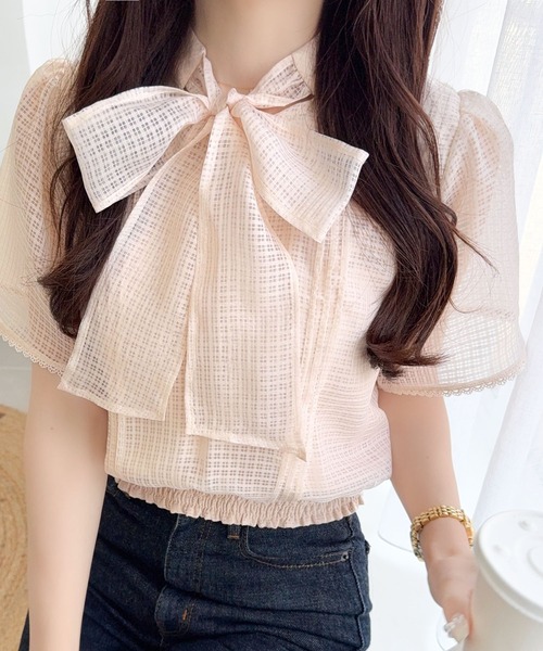 mily bilet(ミウィビレット)の「【mily bilet】着るだけで華やぐ♪大人ガーリーボウタイシアーチェックフレア袖ブラウス(半袖)(シャツ/ブラウス・レディース・アイボリー/ブラック/ブルー・X-LARGE/SMALL/MEDIUM/LARGE)」の10枚目の写真