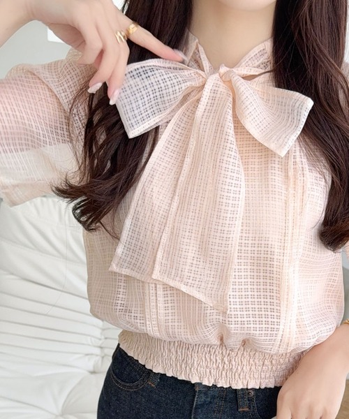 mily bilet(ミウィビレット)の「【mily bilet】着るだけで華やぐ♪大人ガーリーボウタイシアーチェックフレア袖ブラウス(半袖)(シャツ/ブラウス・レディース・アイボリー/ブラック/ブルー・X-LARGE/SMALL/MEDIUM/LARGE)」の11枚目の写真