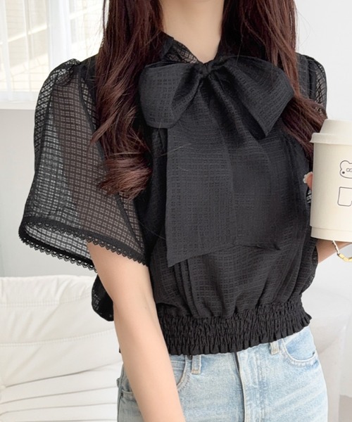mily bilet(ミウィビレット)の「【mily bilet】着るだけで華やぐ♪大人ガーリーボウタイシアーチェックフレア袖ブラウス(半袖)(シャツ/ブラウス・レディース・アイボリー/ブラック/ブルー・X-LARGE/SMALL/MEDIUM/LARGE)」の12枚目の写真