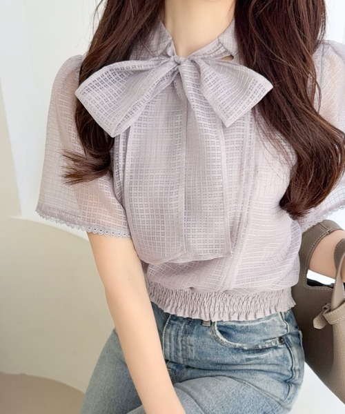 mily bilet(ミウィビレット)の「【mily bilet】着るだけで華やぐ♪大人ガーリーボウタイシアーチェックフレア袖ブラウス(半袖)(シャツ/ブラウス・レディース・アイボリー/ブラック/ブルー・X-LARGE/SMALL/MEDIUM/LARGE)」の15枚目の写真