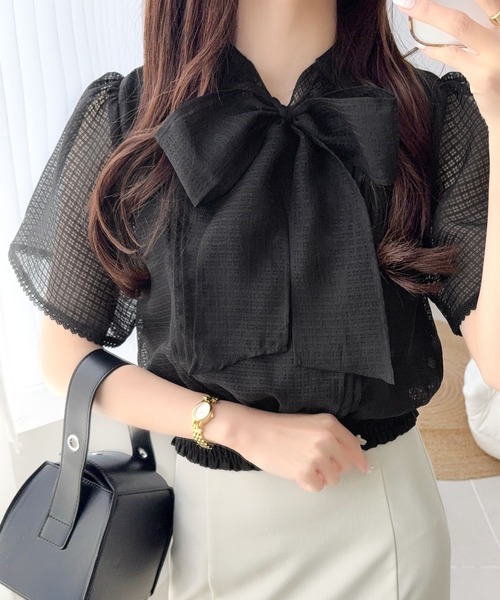 mily bilet(ミウィビレット)の「【mily bilet】着るだけで華やぐ♪大人ガーリーボウタイシアーチェックフレア袖ブラウス(半袖)(シャツ/ブラウス・レディース・アイボリー/ブラック/ブルー・X-LARGE/SMALL/MEDIUM/LARGE)」の13枚目の写真