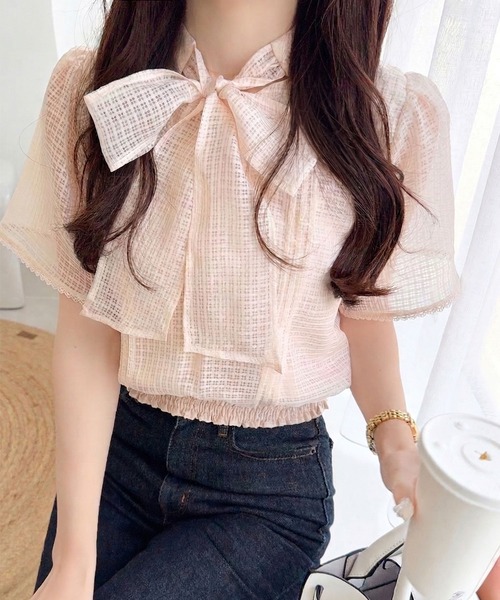mily bilet(ミウィビレット)の「【mily bilet】着るだけで華やぐ♪大人ガーリーボウタイシアーチェックフレア袖ブラウス(半袖)(シャツ/ブラウス・レディース・アイボリー/ブラック/ブルー・X-LARGE/SMALL/MEDIUM/LARGE)」の16枚目の写真