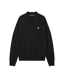 WOOL POLO KNIT TOP - BLACK